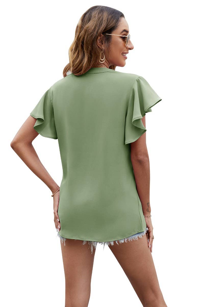 V Neck Fly Sleeve Short Sleeve Chiffon Top_Cwtsts0214