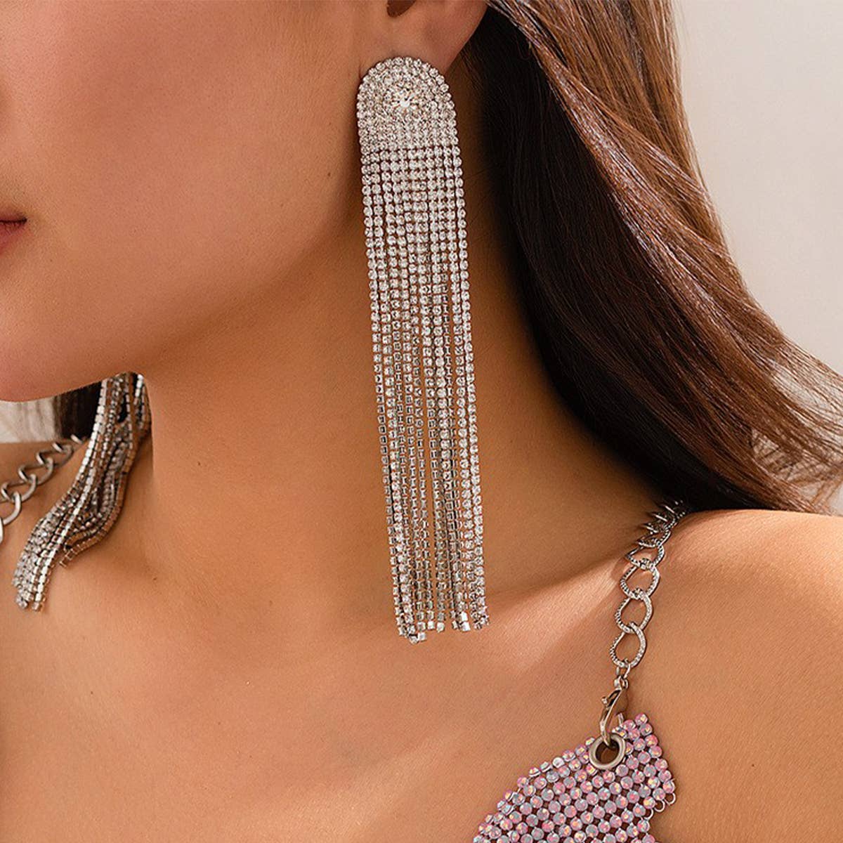 FRENCH STYLE TASSEL RHINESTONE EARRINGS_CWAJE1140