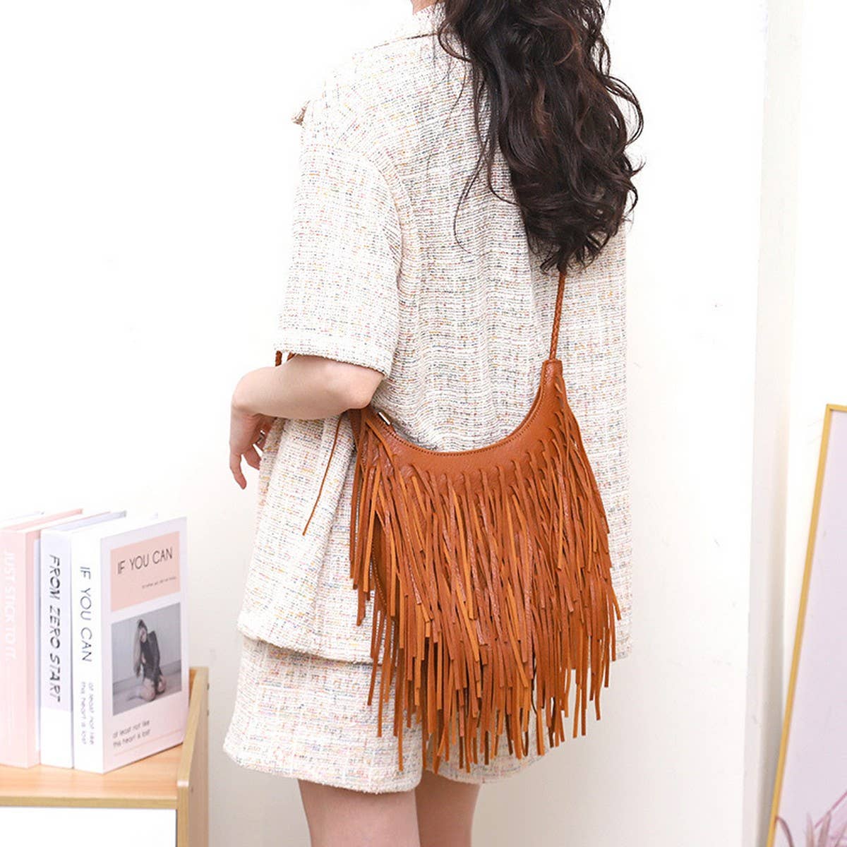 Cwab4542_Soft Leather Tassel Shoulder Bag