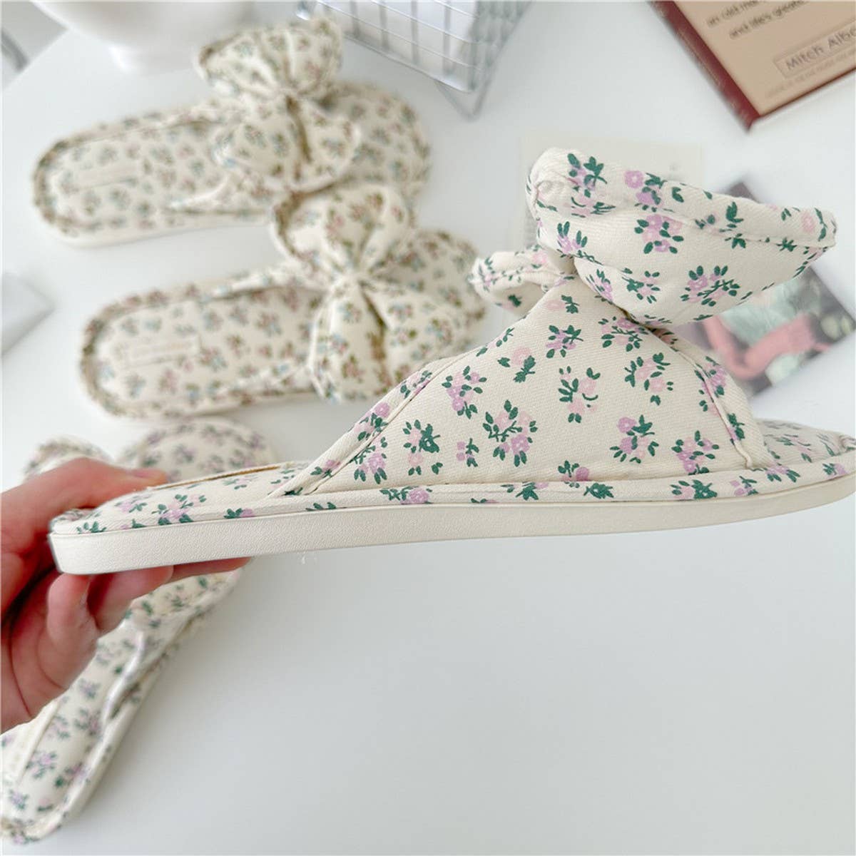 SMALL FLORAL BOW WATERPROOF THICK SOLED SLIPPERS_CWMM2967