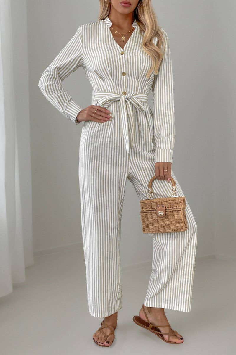 Cwsbsl0134_V-Neck Commuter Style Striped Lace-Up Jumpsuit