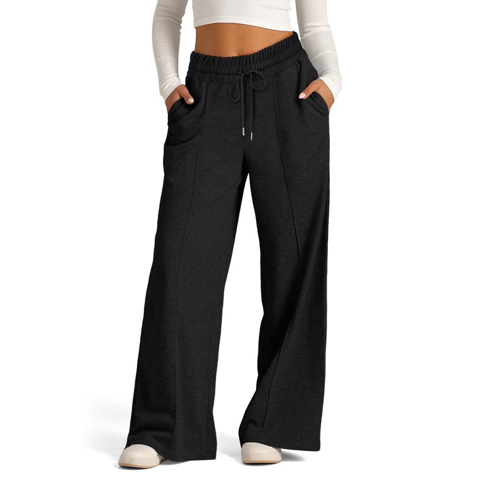 Tethered Solid Color Waist Fashion Wide Leg Pants