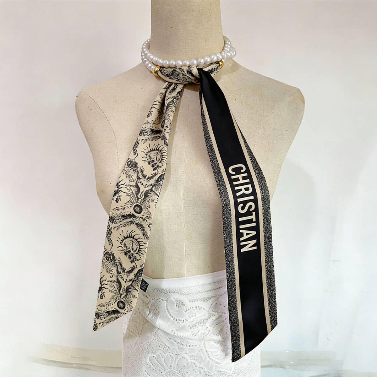 Black White Pearl Silk Scarf Belt_Cwasc04002