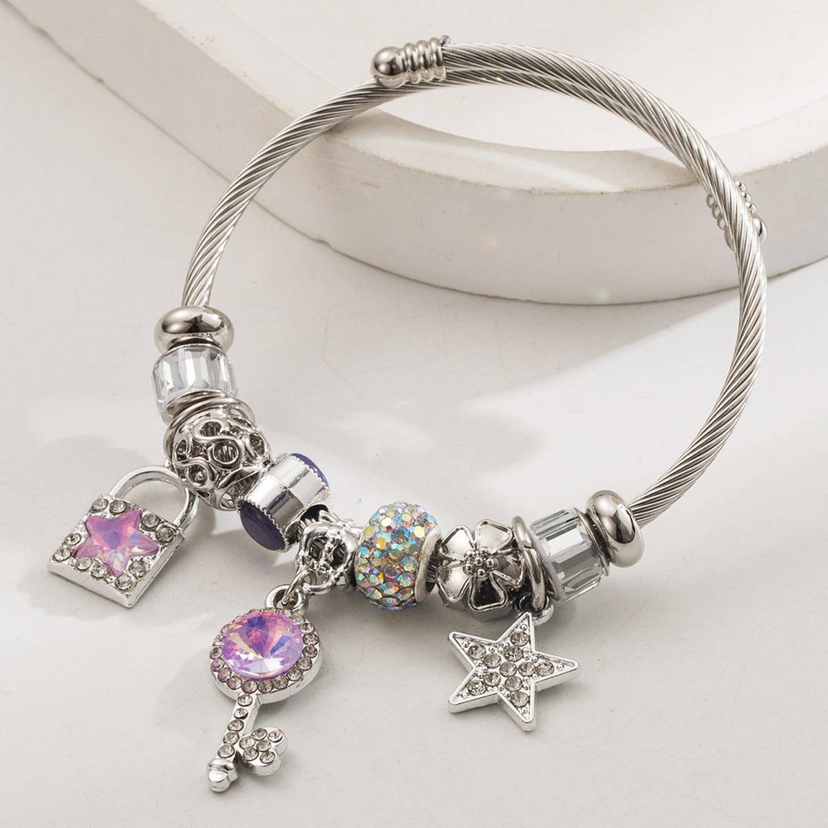 LOCK KEY CHARM ADJUSTABLE STEEL BRACELET_CWMM8496