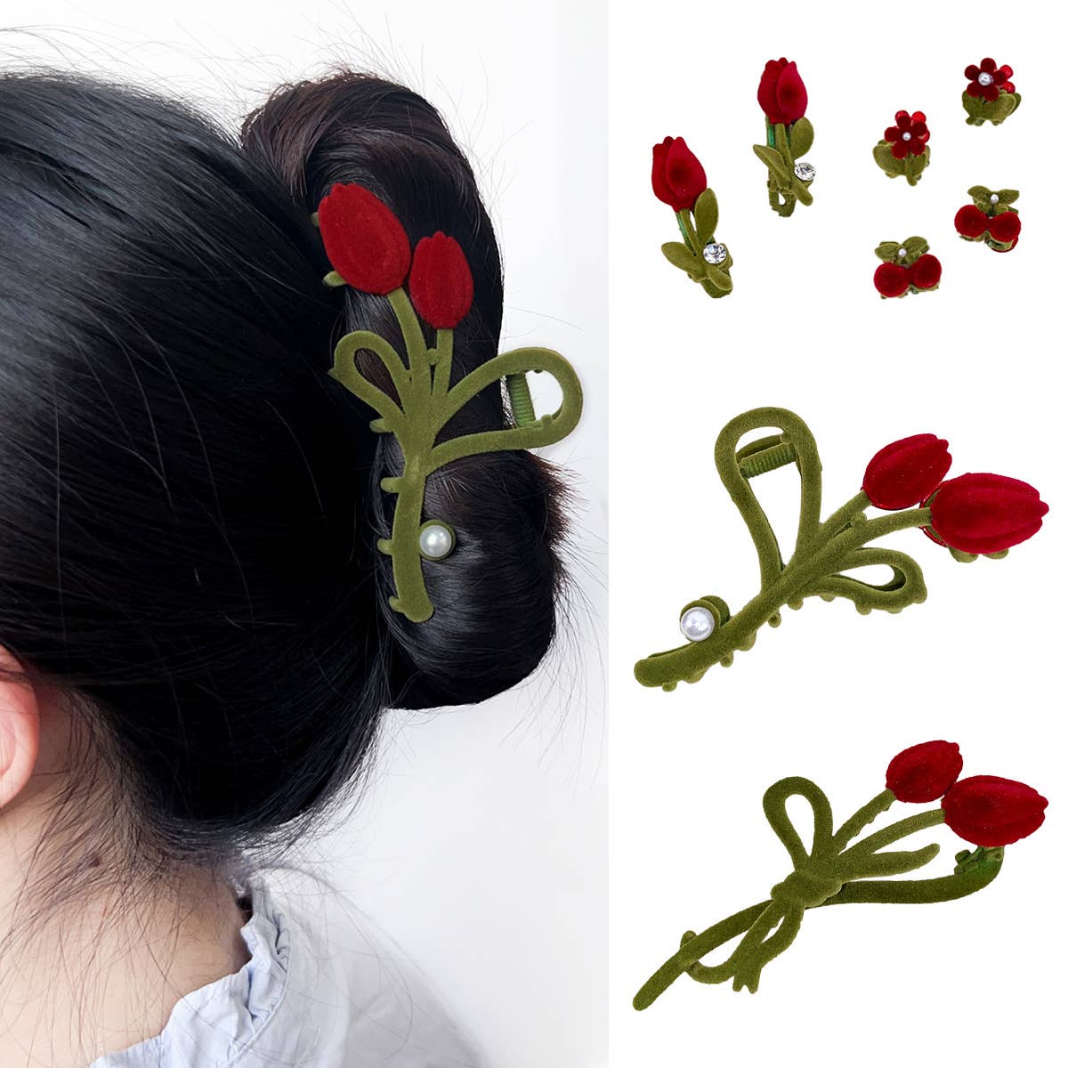 Alloy Flocking Tulip Hairpin Flower Grab Clip_Cwaha5997