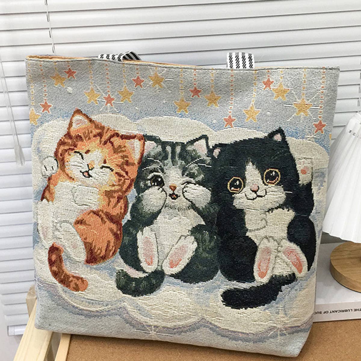 CUTE CAT EMBROIDERED CANVAS SHOULDER BAG TOTE BAG_CWAB1676