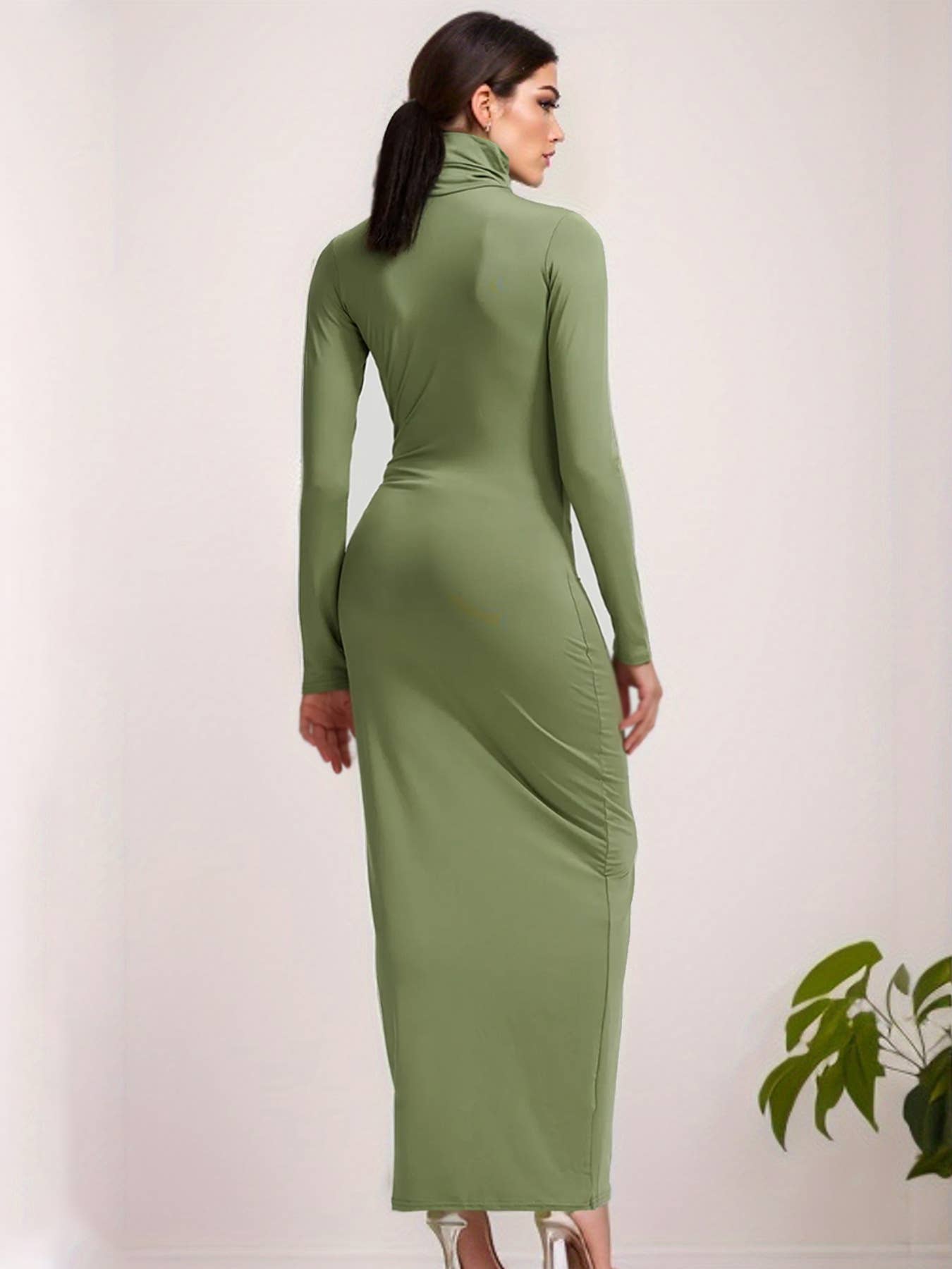 Stylish Solid Color Long Sleeves High Neck Dress