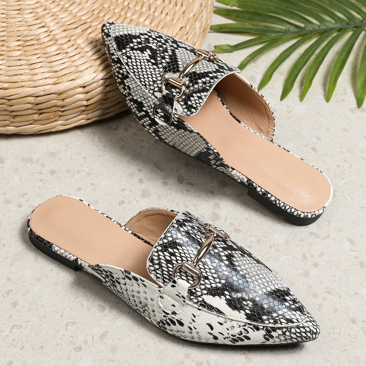 CASUAL SNAKE PRINT FLAT BOTTOM LAZY MULES_CWSHF0032
