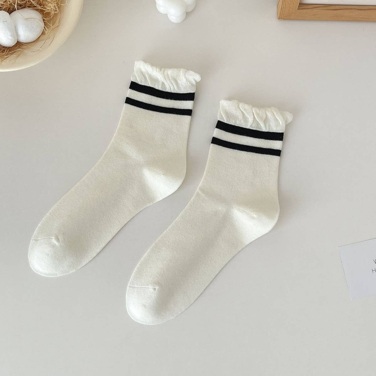 Cute Dots, Stripes,Bow Ruffle White Crew Socks_Cwms1367