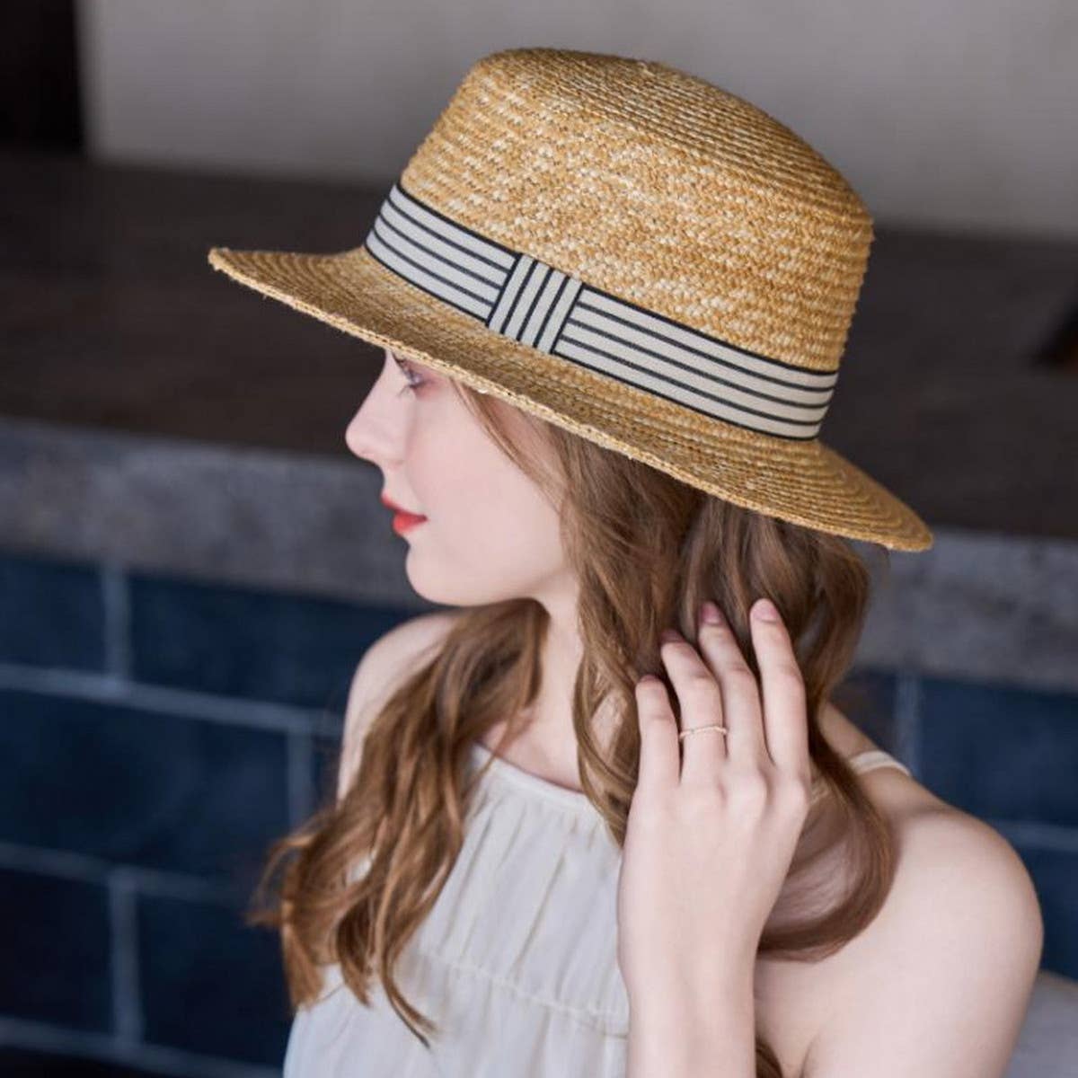 SIMPLE SUN PROTECTION FLAT TOP BEACH HAT STRAW HAT_CWAH1331