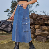 Wome Casual Denim Midi Skirt Elastic Waist_Cwjsk0204
