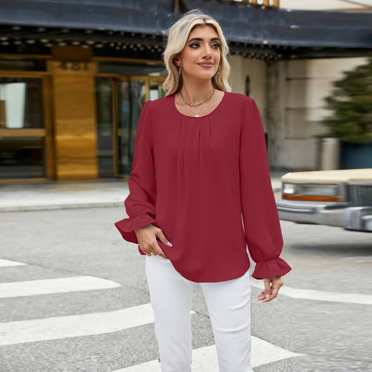 Solid Color Crew-Neck Long-Sleeved Loose Chiffon