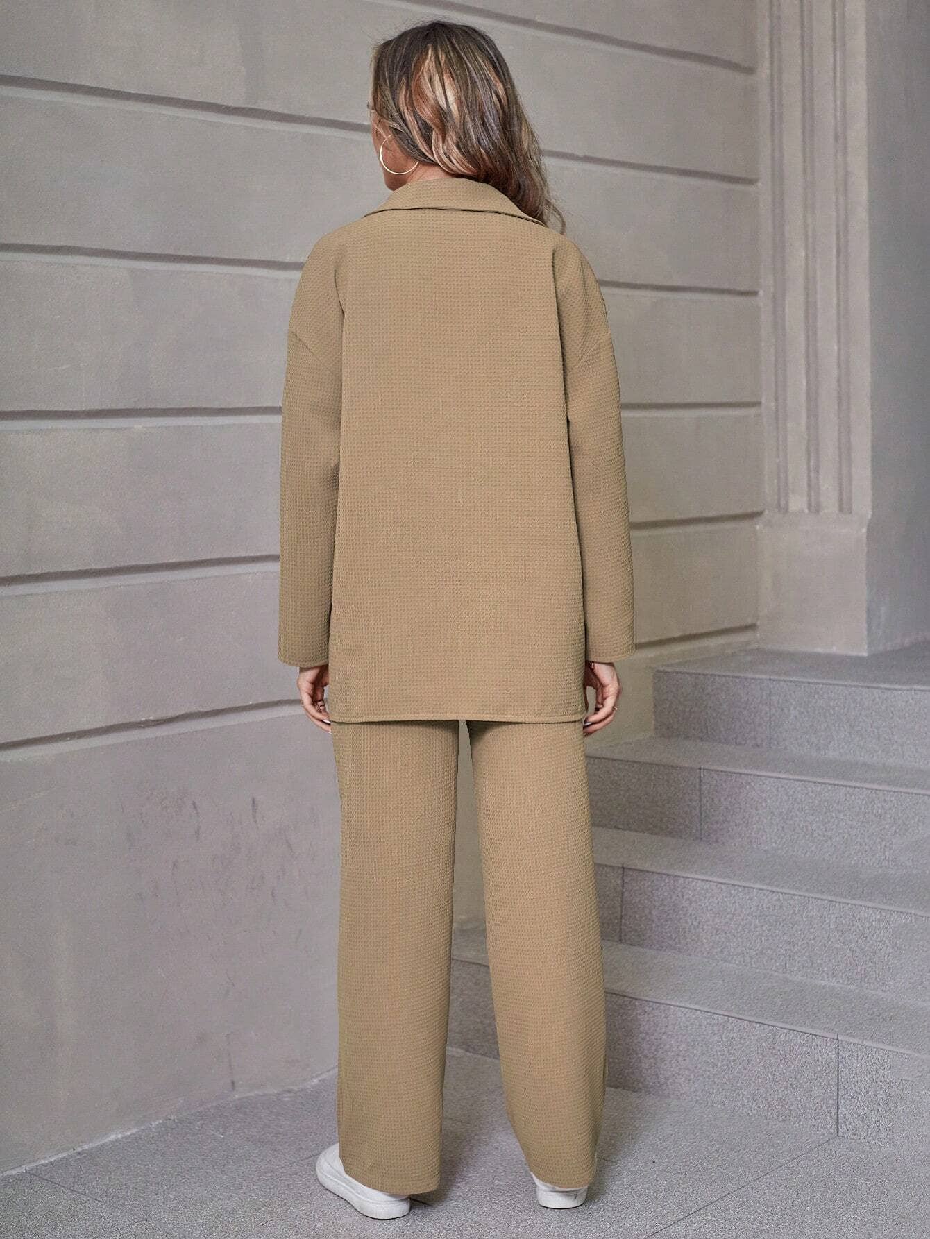 Waffle Cardigan And Trousers Casual Suit