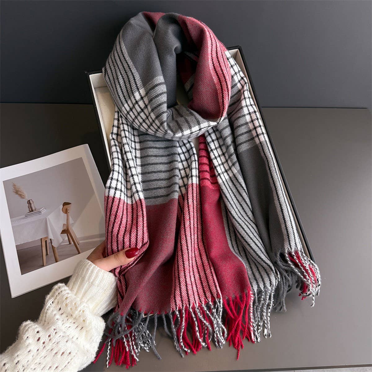 Colorblock Plaid Tassel Scarf Wrap For Winter_Cwasc03275