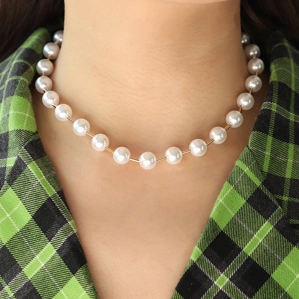 Womens All-Match Metal Pearl Elastic Necklace