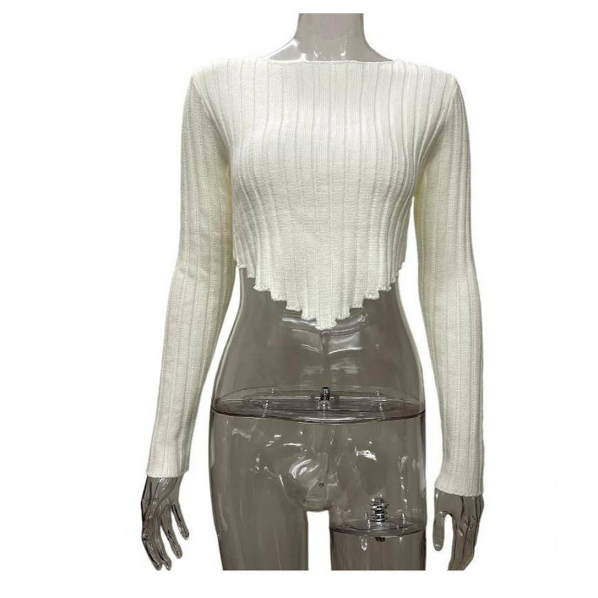 Solid-Color Long-Sleeved Knitted Short Crop Top