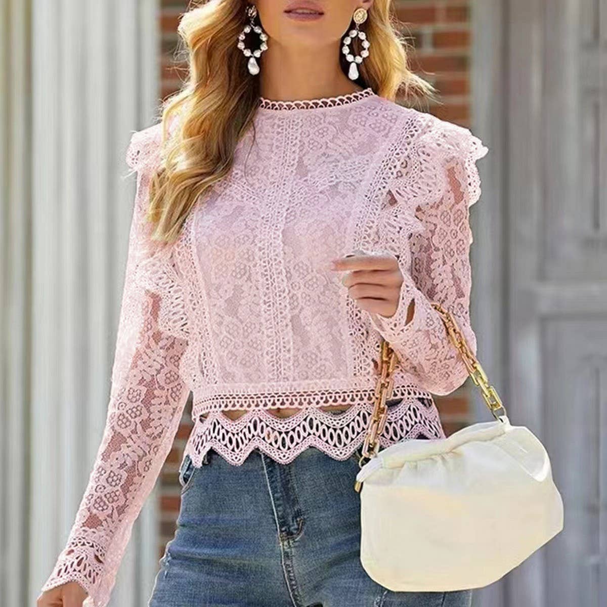 Solid Color Cutout Lace Crop Long Sleeve Top