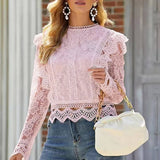 Solid Color Cutout Lace Crop Long Sleeve Top