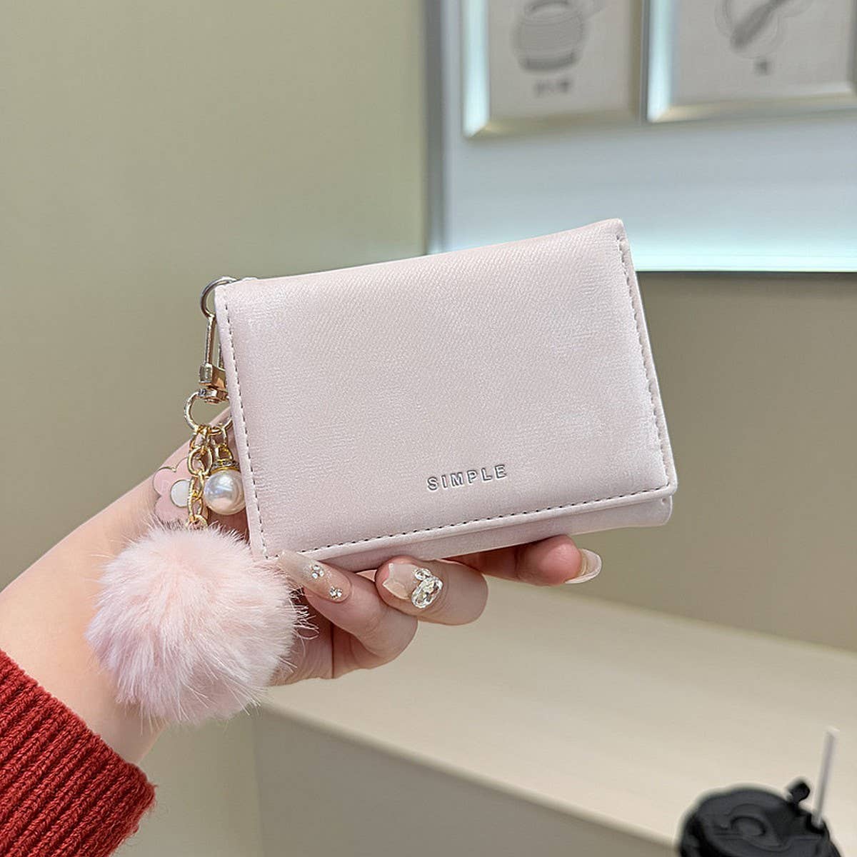 Velvet Mini Trifold Wallet With Pom Pom Charm_Cwab06225