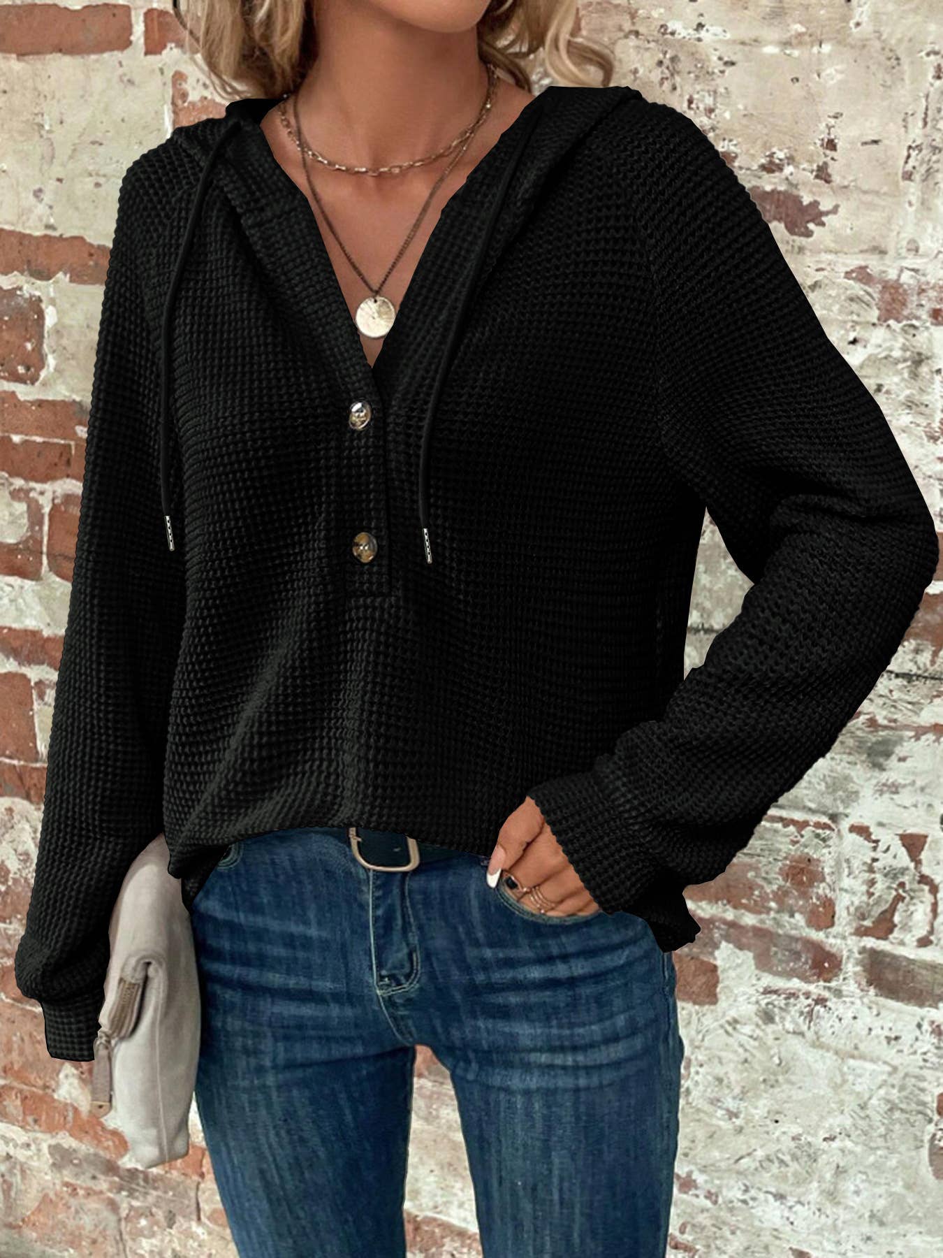 Solid-Color Hooded Loose Long-Sleeved Sweatshirt_Cwohol1143