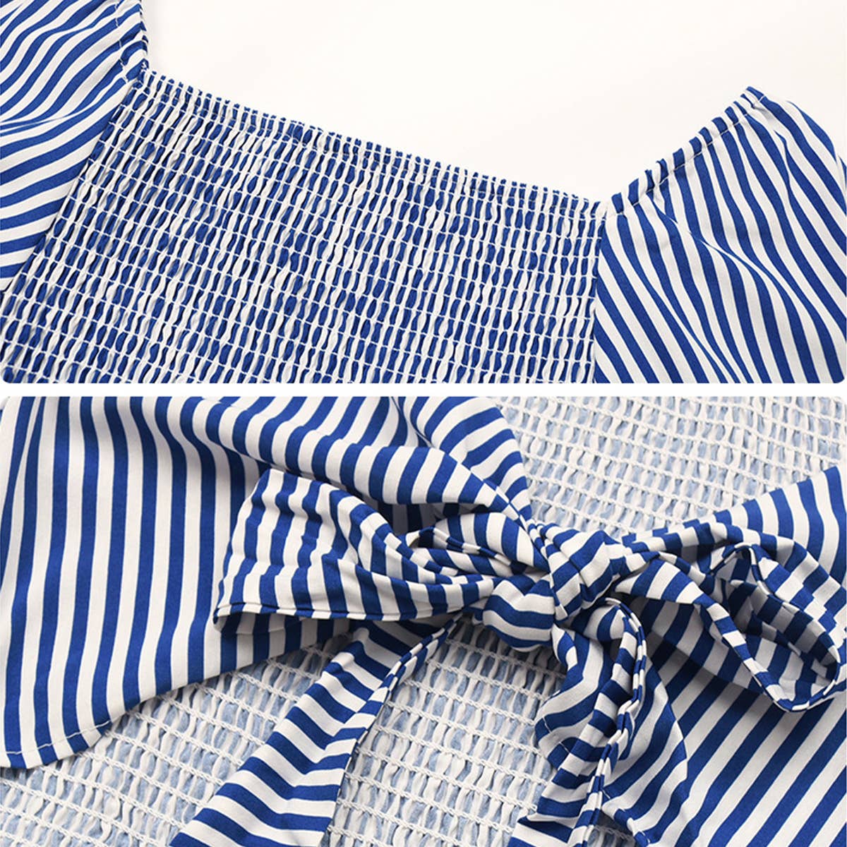 Striped Lapel Halter Dress With Puffy Sleeves