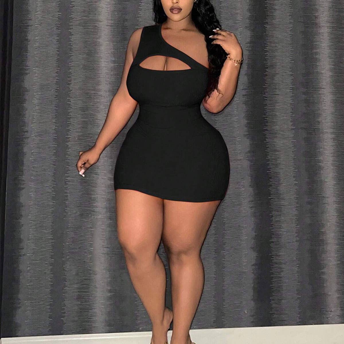 CHIC ONE SHOULDER CUTOUT SLEEVELESS MIDI DRESS_CWDMD6061