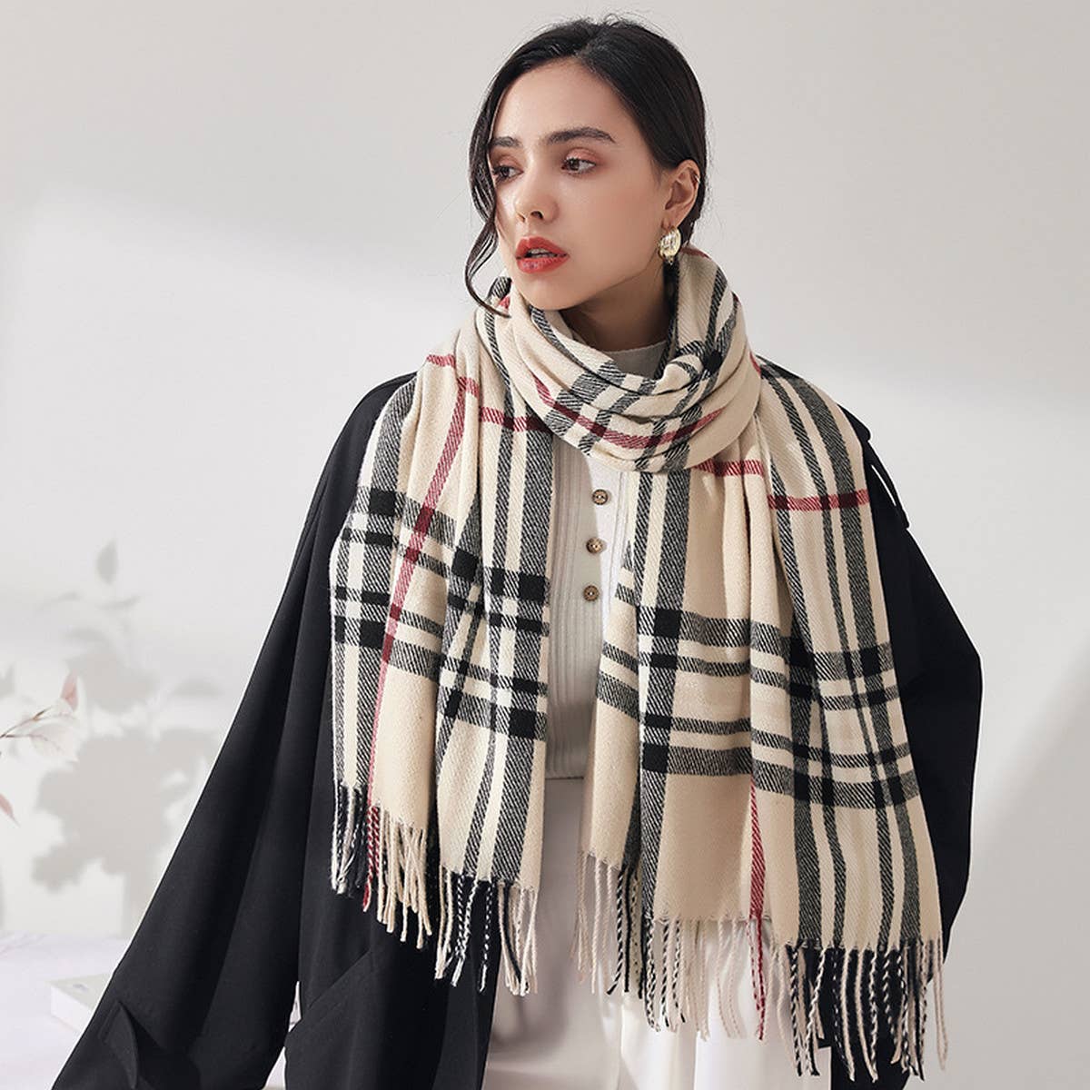 PLAID FAUX CASHMERE SCARF SWEET MID LENGTH WRAP_CWASC0190