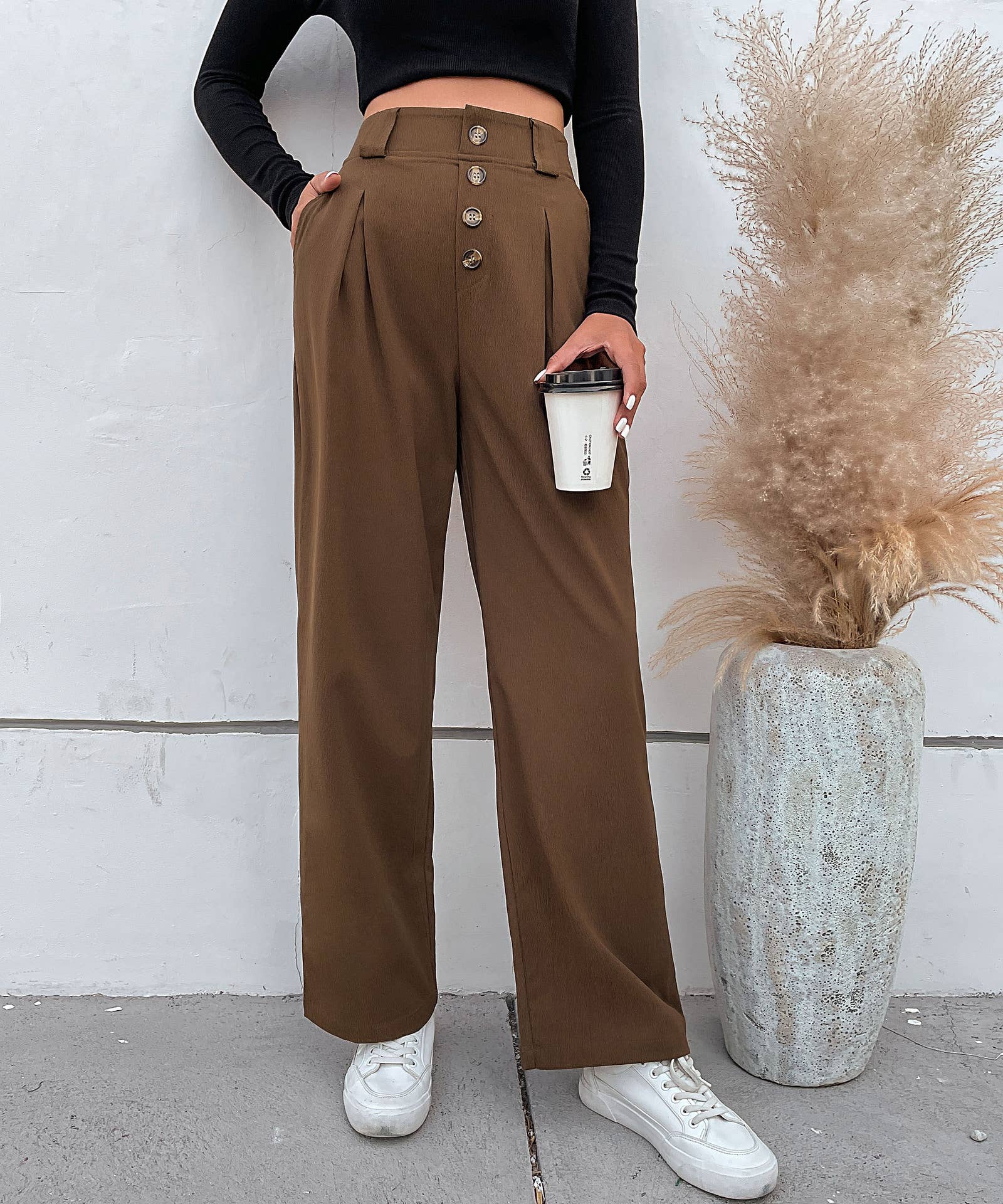 Solid Color High-Waisted Straight-Leg Pants