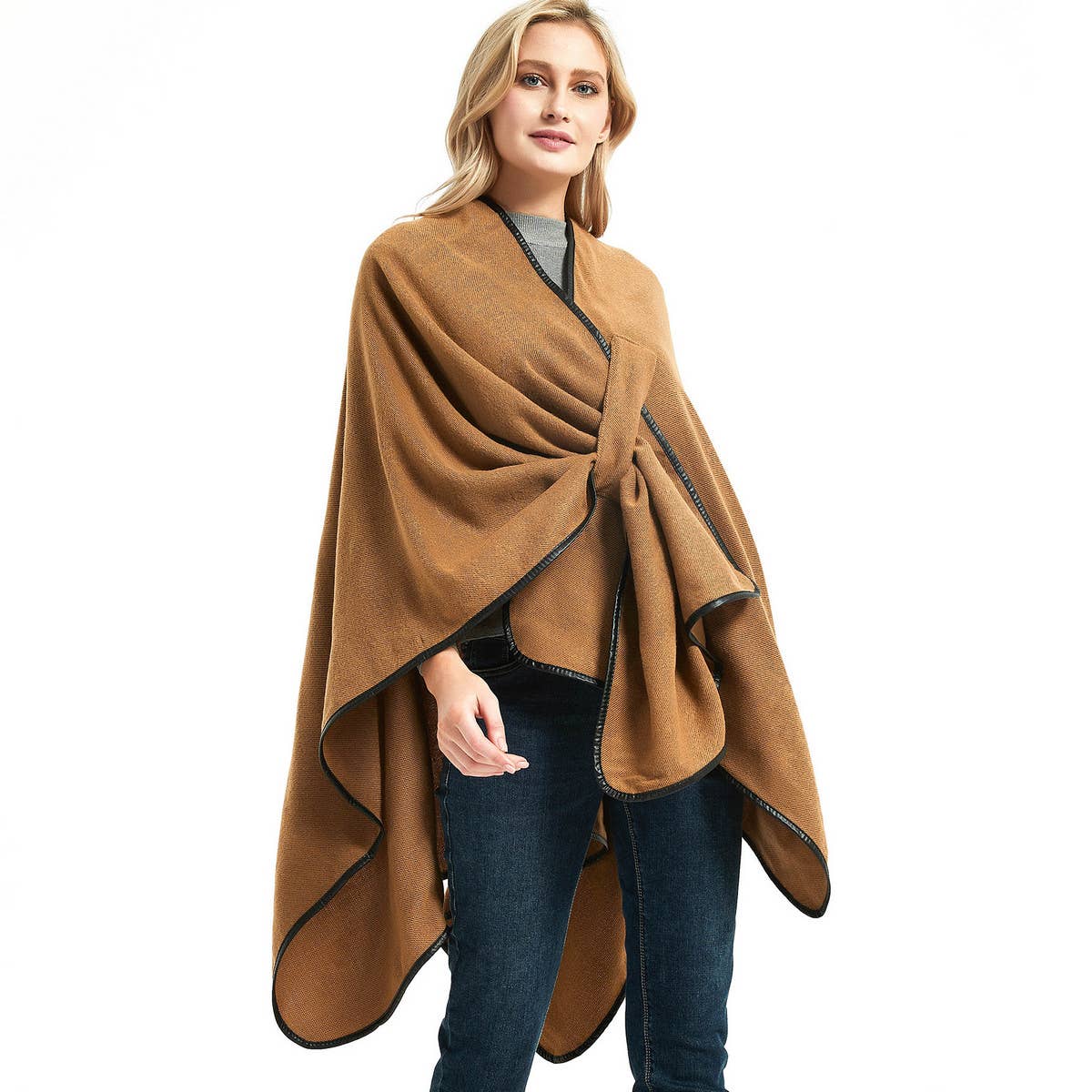 BUCKLE LEATHER SOLID CAMEL COLOR SPLIT SHAWL_CWASC1210