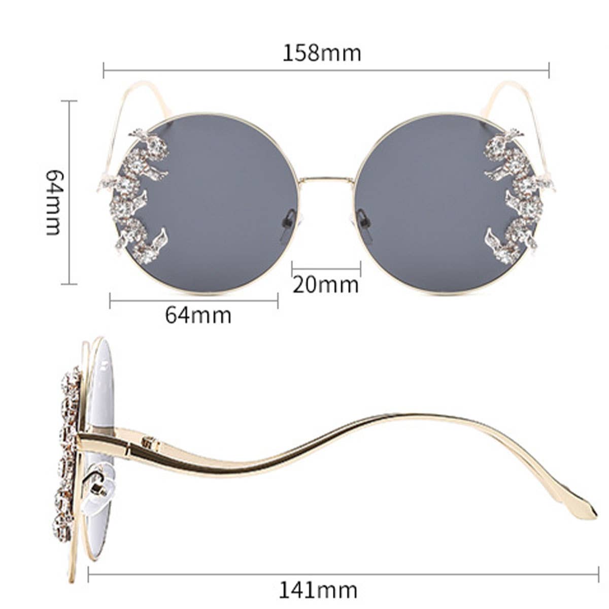 LUXURY RHINESTONE WAVE METAL LEG ROUND SUNGLASSES_CWASG1188