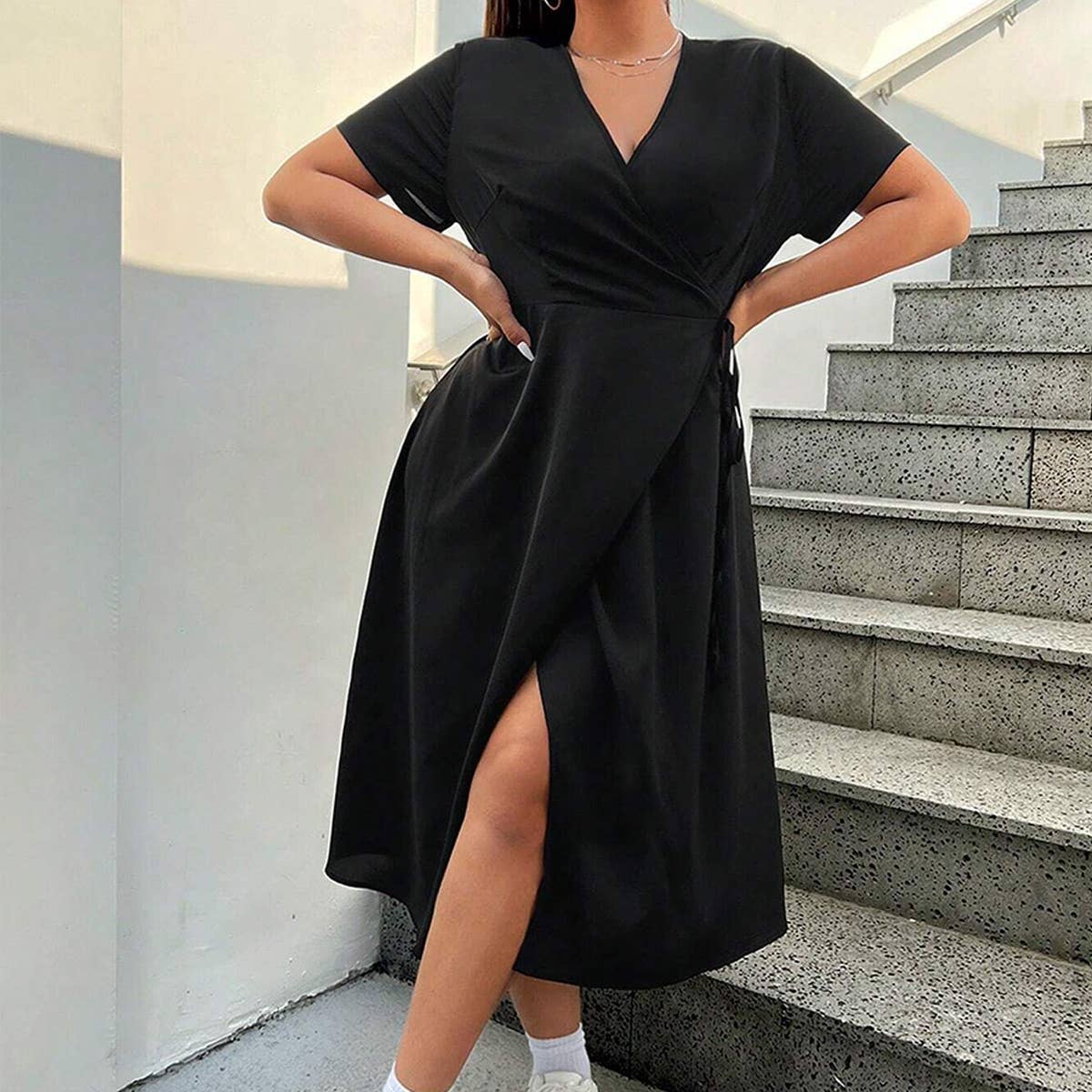 Womens Neck Split Midi Dress Solid Color_Cwdmd6036