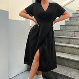 Womens Neck Split Midi Dress Solid Color_Cwdmd6036