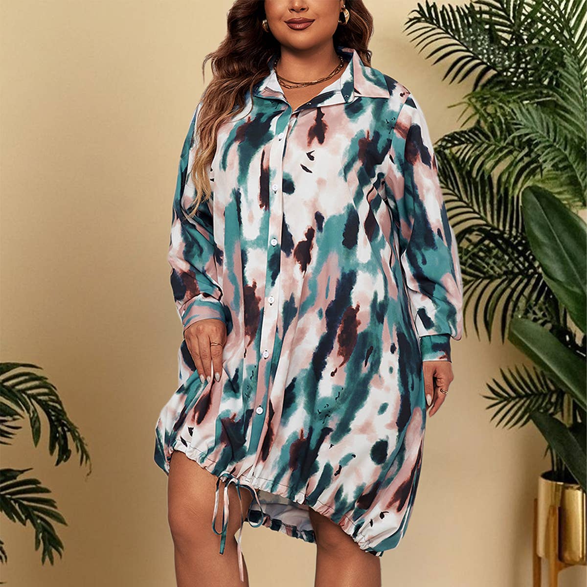 PLUS SIZE POLO DRESS LOOSE FIT DRAWSTRING HEM_CWDMD5970