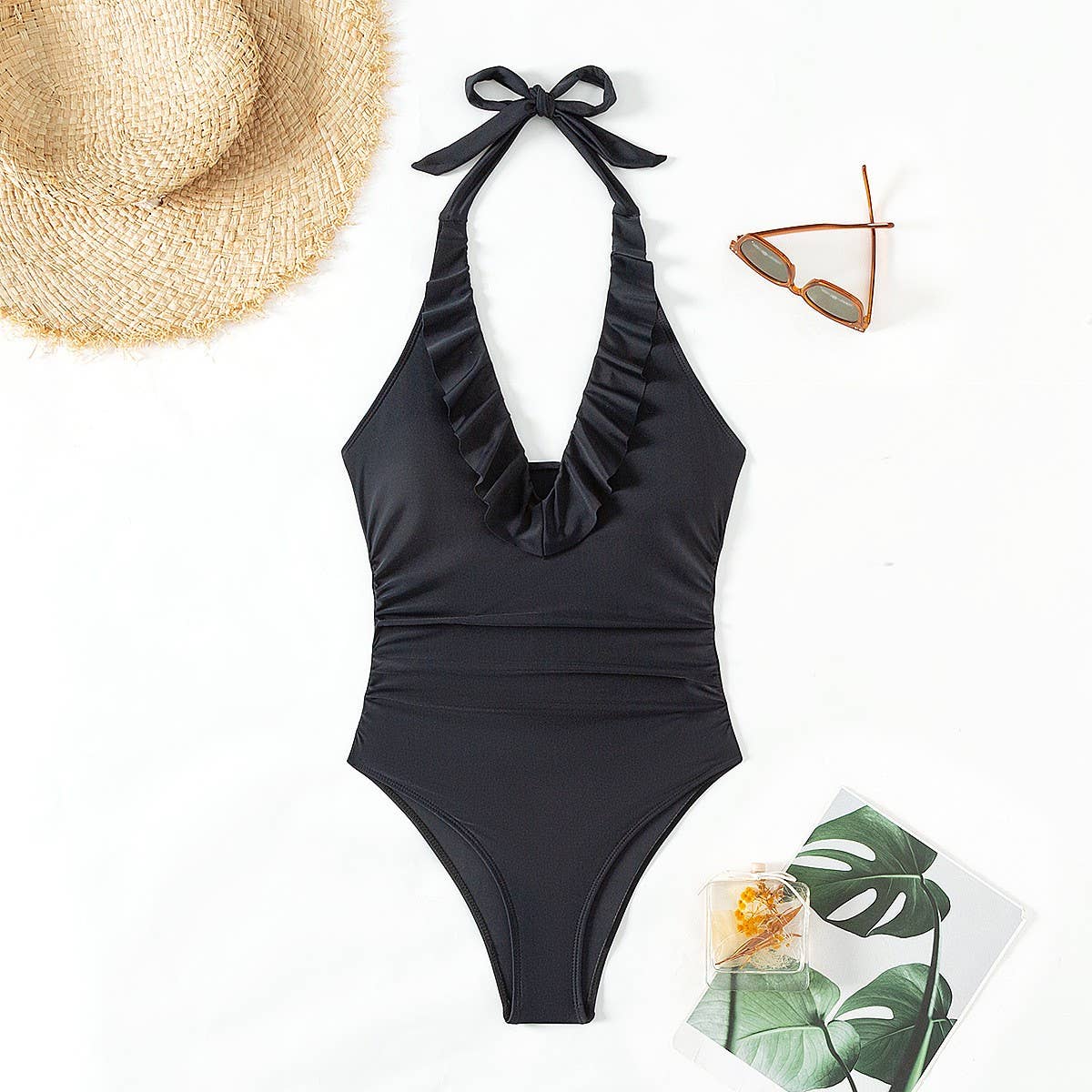 Womens Backless Ruffled One-Piece Swimsuit