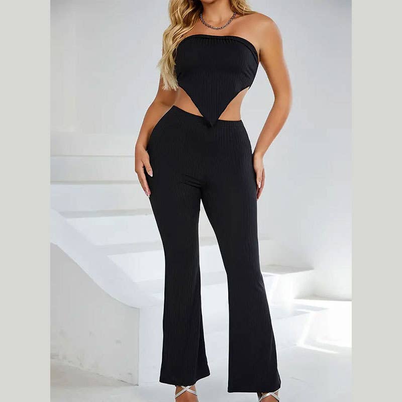 Strapless Top Elastic Waist Flare Two Piece Set