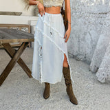 Solid Color Lace-Up Waist Draw-In Split Skirt