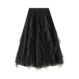 RUFFLED MESH PANEL HIGH WAIST PLEATED MIDI SKIRT_CWBMS0381