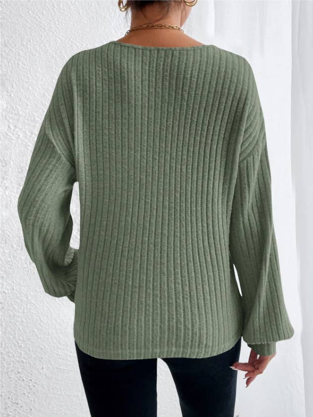 V-Neck Drop Shoulder Sleeved T-Shirt Loose Knit