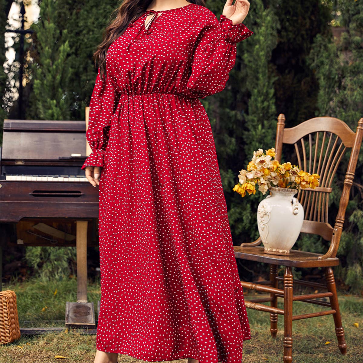 PLUS SIZE POLKA DOT DRESS LOOSE LONG SLEEVE FIT_CWDMD5977