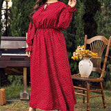 PLUS SIZE POLKA DOT DRESS LOOSE LONG SLEEVE FIT_CWDMD5977