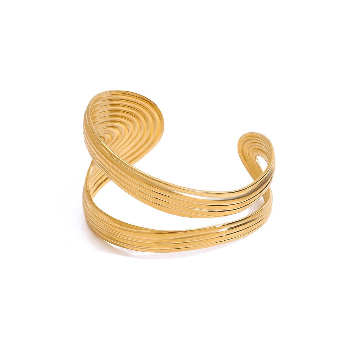 Trendy Double Layer Ribbed Open Bangle, 18K Gold