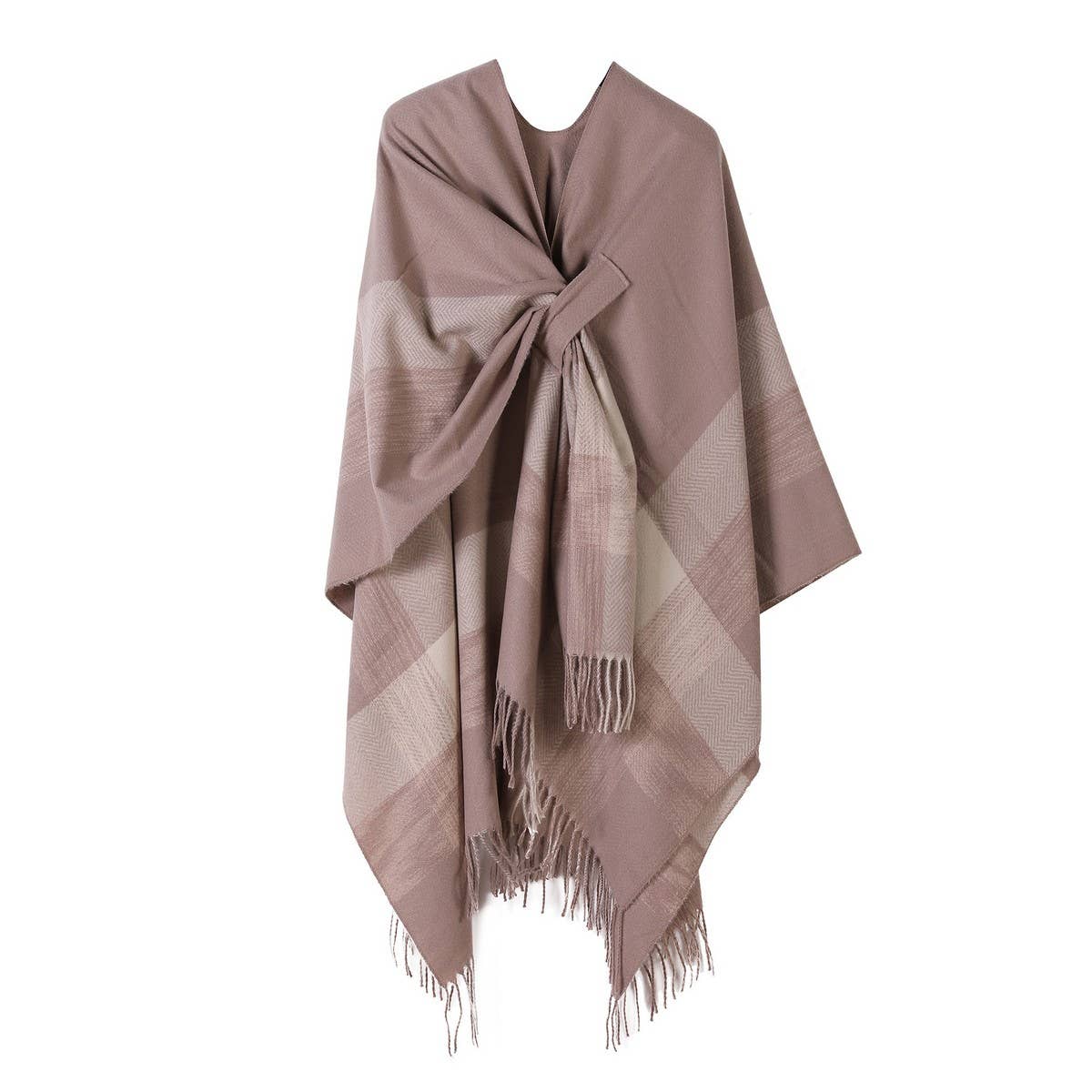 FRINGED CAPE FIXED TIE SHAWL FAUX CASHMERE SCARF_CWASC2160