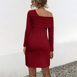 Solid-Color Off-The-Shoulder Knitted Dress
