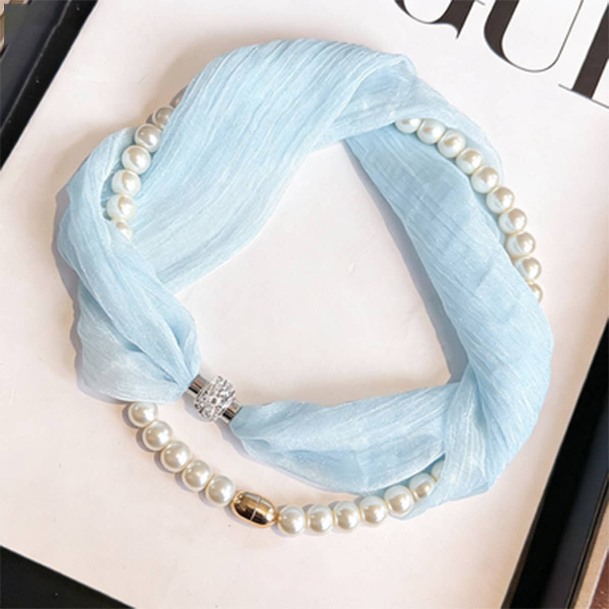 White Pearl Magnetic Skinny Silk Scarf_Cwasc03936