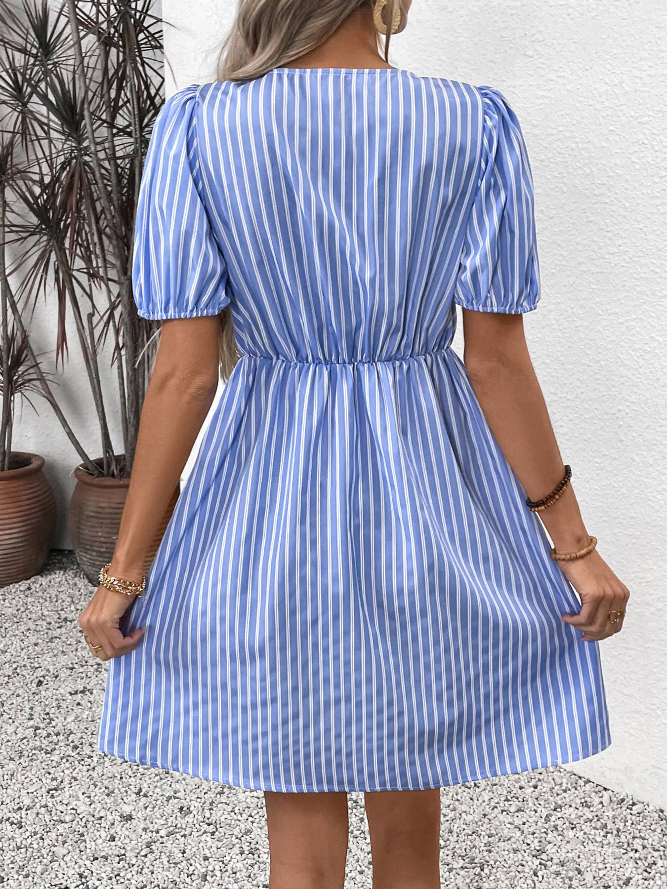 Vintage Striped Crew Neck With Bow Lace-Up Dress