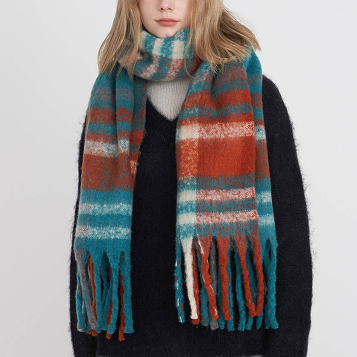 FRENCH RETRO PLAID SCARF WINTER TASSEL WRAP_CWASC0327