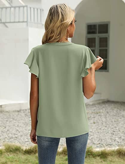 V-Neck Fly Sleeve Short Sleeve Solid Color Top