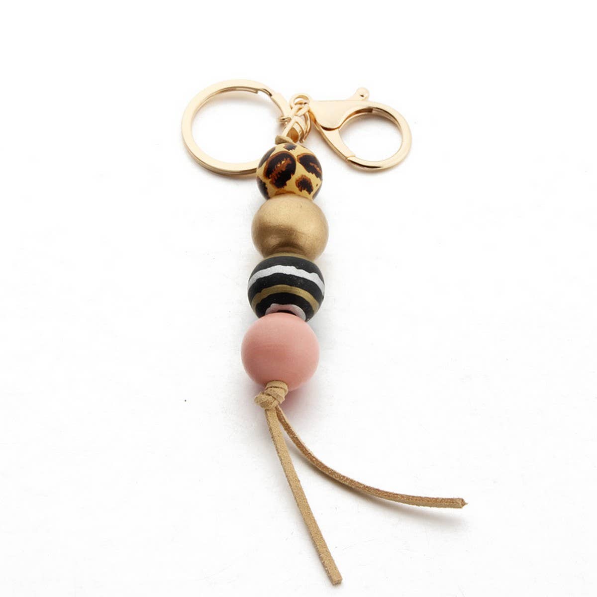 LEOPARD WOOD BEAD KEYCHAIN WITH MINI TASSEL_CWMM7022