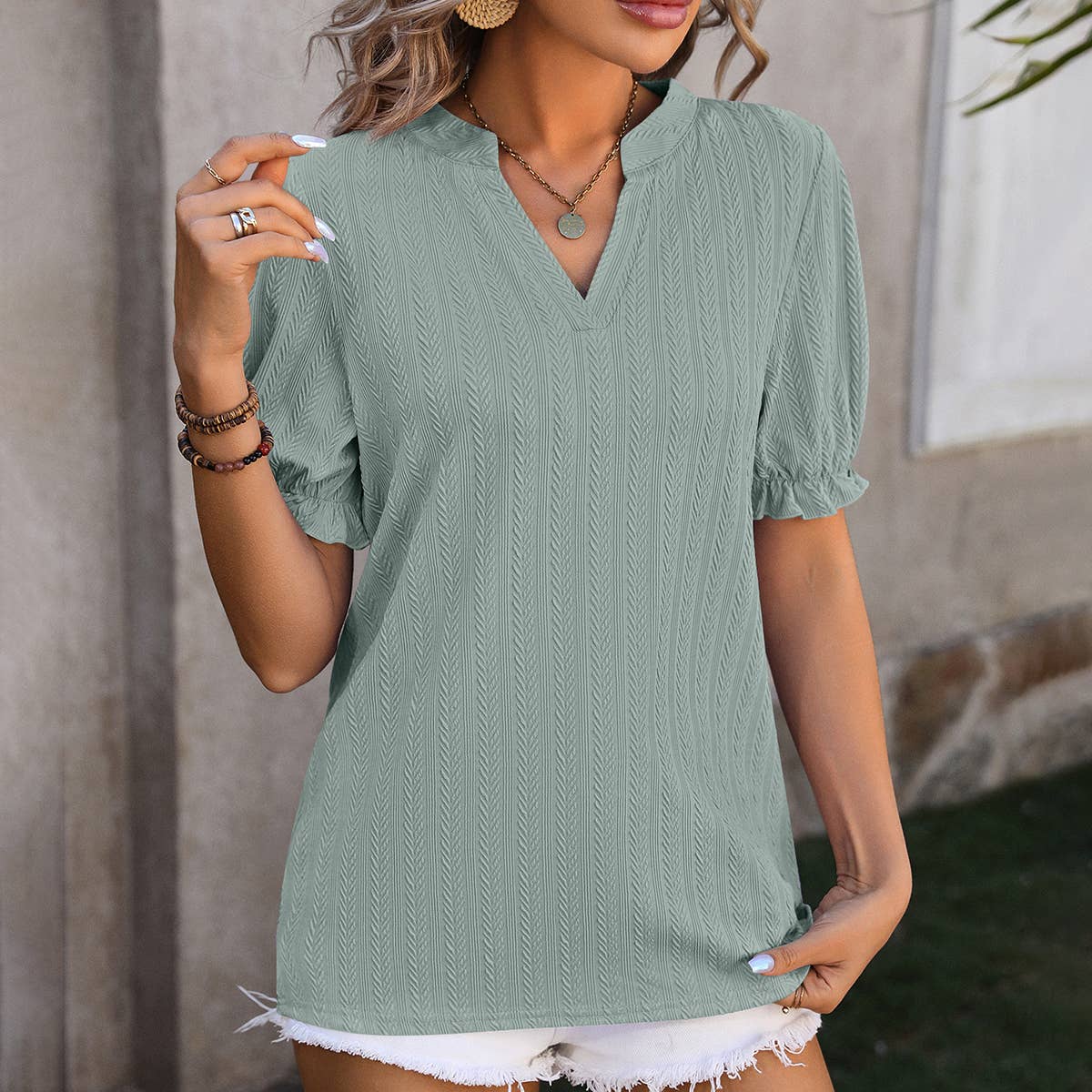 Solid Color V Neck Ear Of Wheat Short Sleeved Top_Cwtts0898