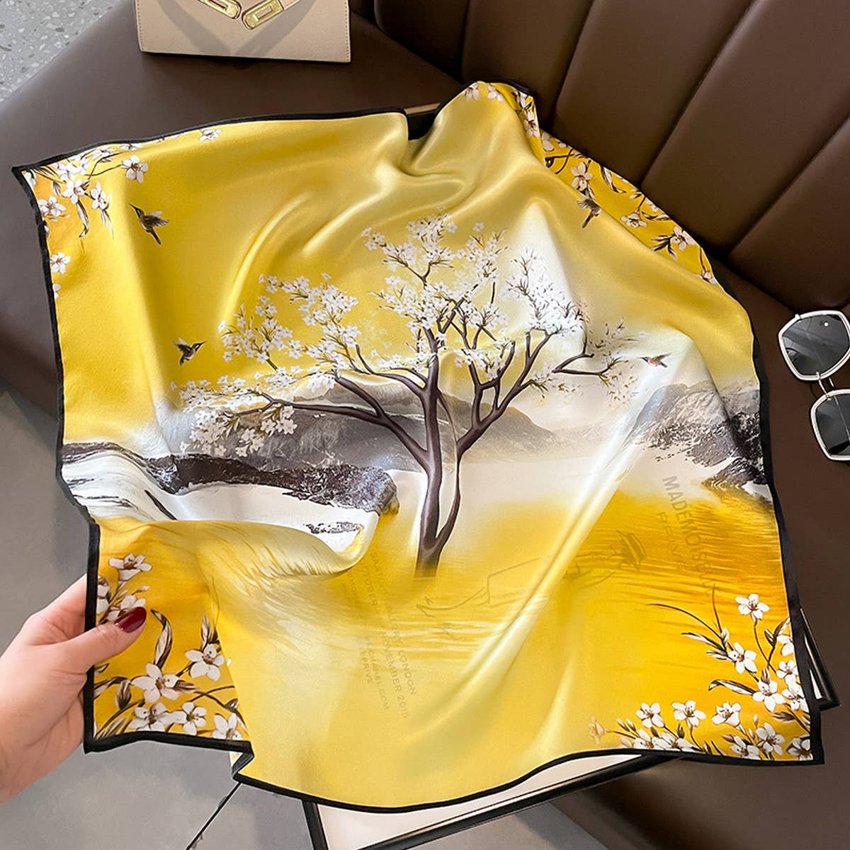 CAMELLIA SILK SCARF FRENCH RETRO SQUARE WRAP_CWASC0618